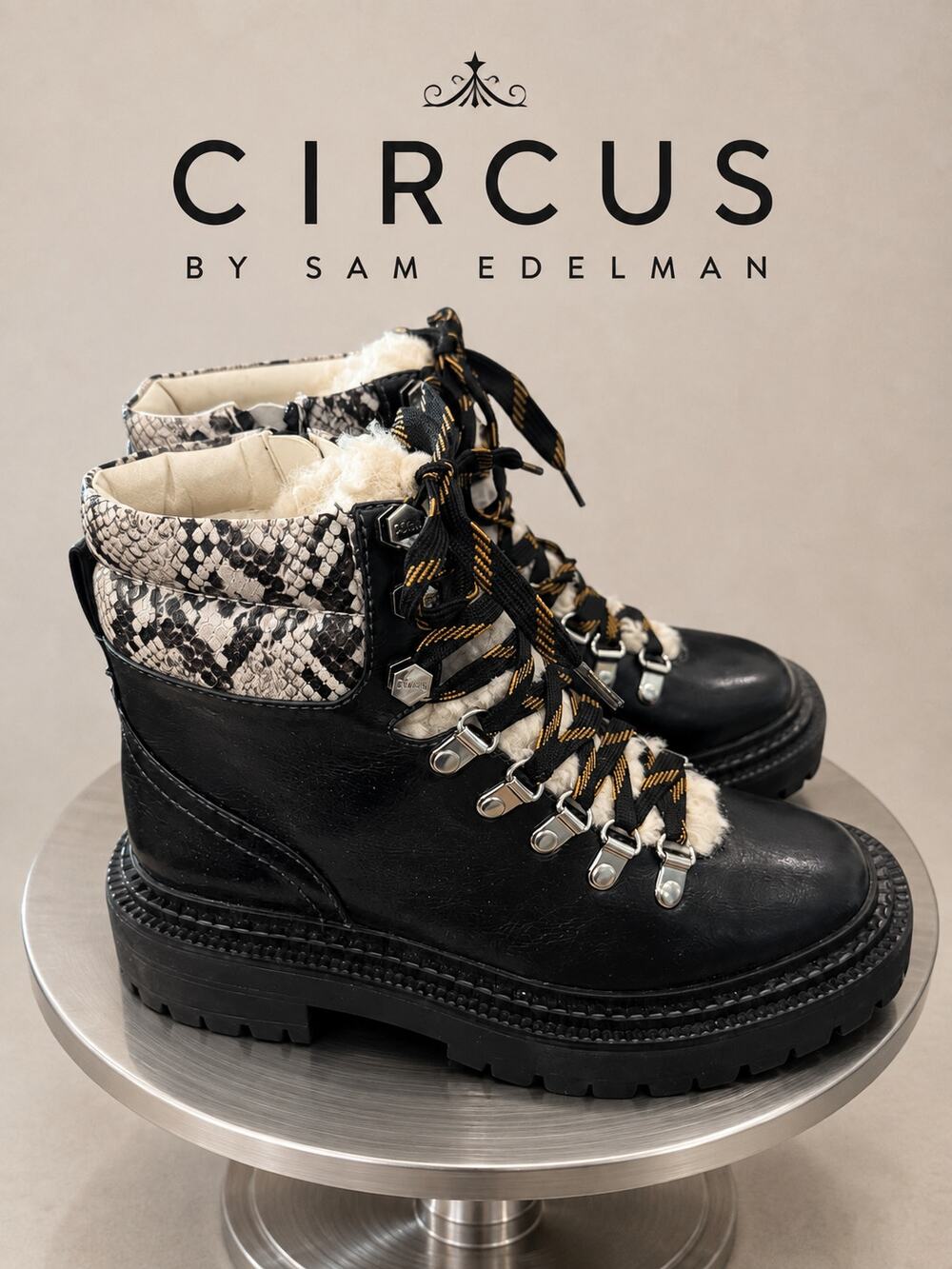 Circus by Sam Edelman Flora Shearling Hiker Boots Snake Print Sz 5 NWOB